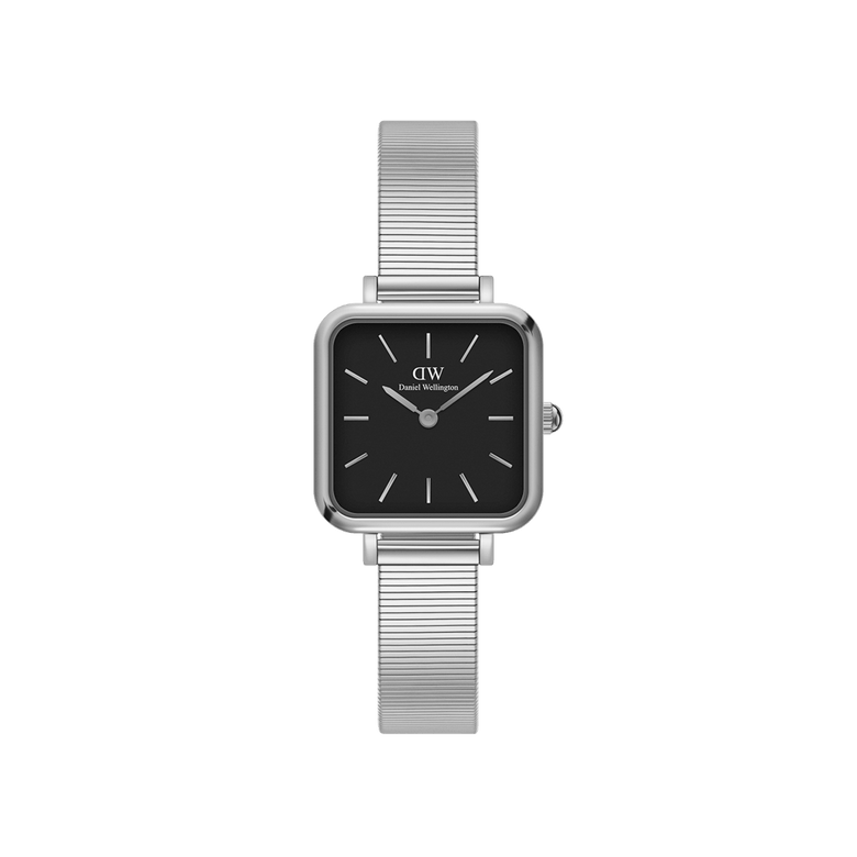 Quadro Studio Silver ladies watch with a petite square black dial, polished silver piano link strap, and minimalist design suitable for both casual and formal wear.