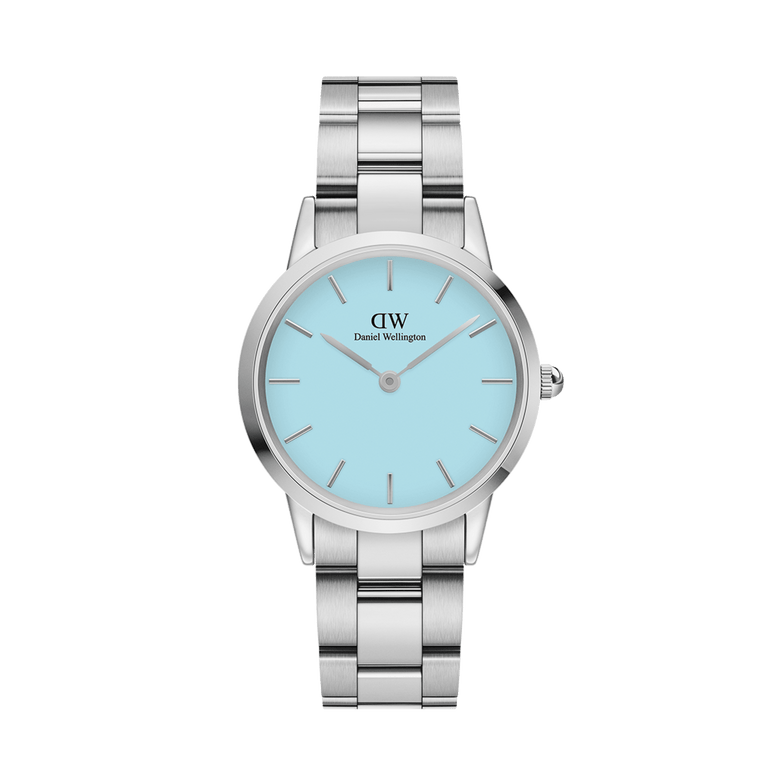 Iconic Link Capri women’s watch with a stainless steel bracelet and a pastel blue dial, featuring minimalist silver hour markers and a sleek, modern design.