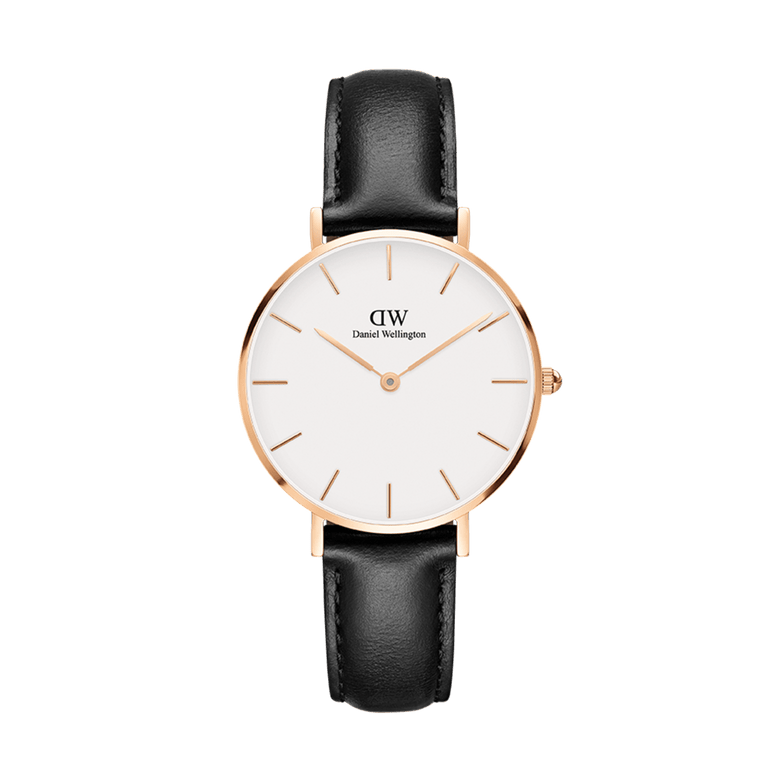 Petite Sheffield Rose Gold ladies watch with a slim rose gold case, minimalist white dial, and classic black leather strap, designed for versatile everyday wear.