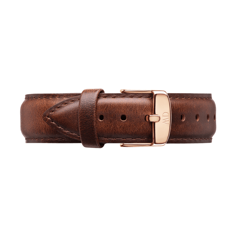 Rich brown Italian Nappa leather watch strap with a polished rose gold buckle, designed for the Classic St Mawes Arctic Rose Gold watch.