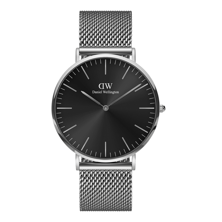 Classic Mesh Onyx silver watch with a black sunray dial, slim line markers, and a stainless steel mesh strap, showcasing a minimalist and modern design suitable for both casual and formal wear.