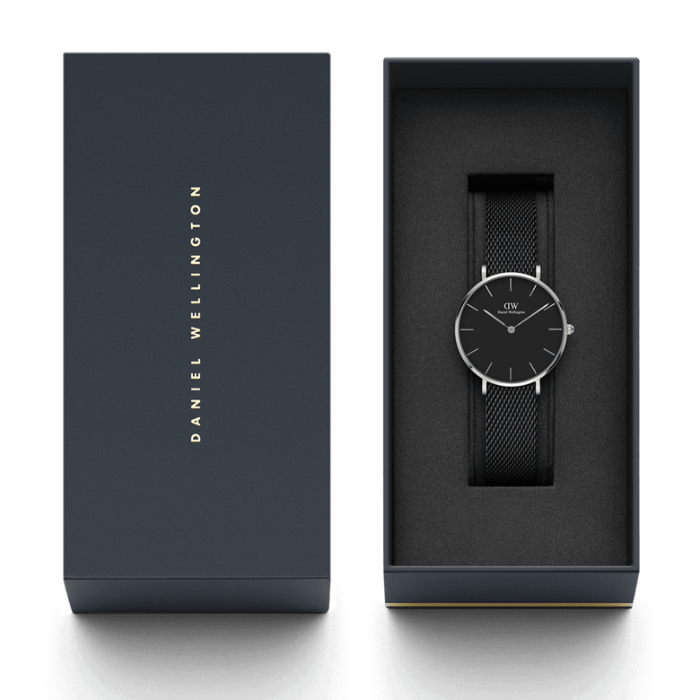 Petite Ashfield Silver presented in a sleek branded gift box, featuring a minimalist black dial and black stainless steel mesh strap, ideal for gifting or collecting.