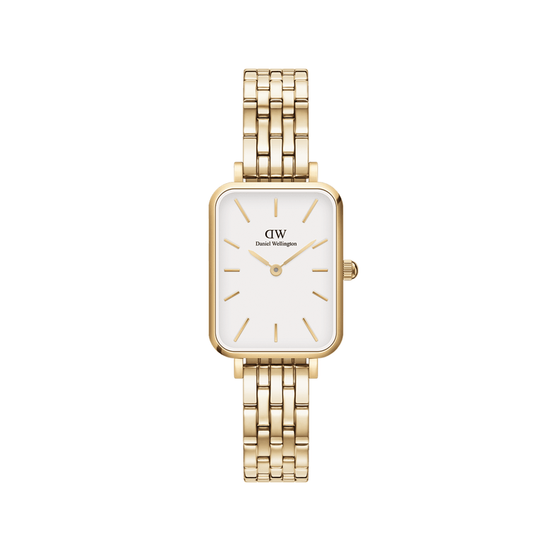 Quadro 5-Link Evergold women’s watch with a rectangular gold case, minimalist white dial, and a refined 5-link gold bracelet, blending classic elegance with modern versatility.