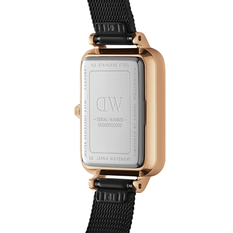 The back of the Quadro Pressed Ashfield watch reveals its stainless steel case, rose gold finish, and adjustable black mesh strap, highlighting the Japanese movement and water-resistant features.