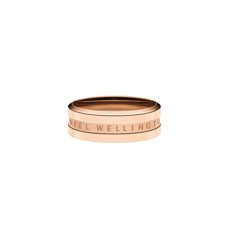 Minimalist rose gold ring with a slim band and engraved Daniel Wellington logo, featuring a polished finish and modern, unisex design.