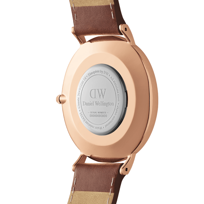 Back view of the Classic St Mawes Arctic Rose Gold watch showing the rose gold stainless steel case, engraved case back, and brown Italian Nappa leather strap with visible stitching.