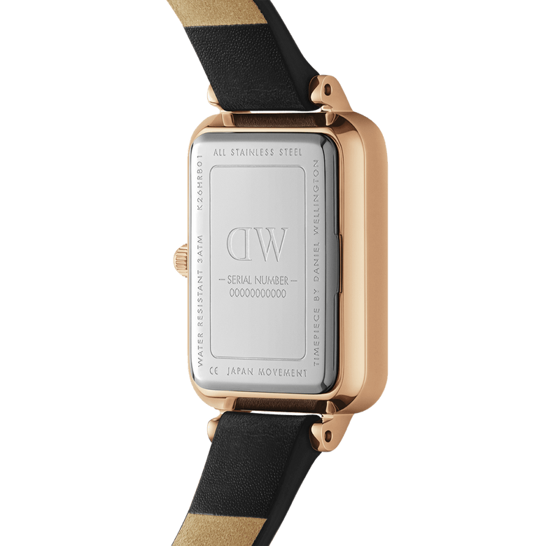 The back of the Quadro Pressed Sheffield Green Rose Gold watch shows its stainless steel case, rose gold finish, and genuine leather strap, highlighting water resistance and Japanese movement details.