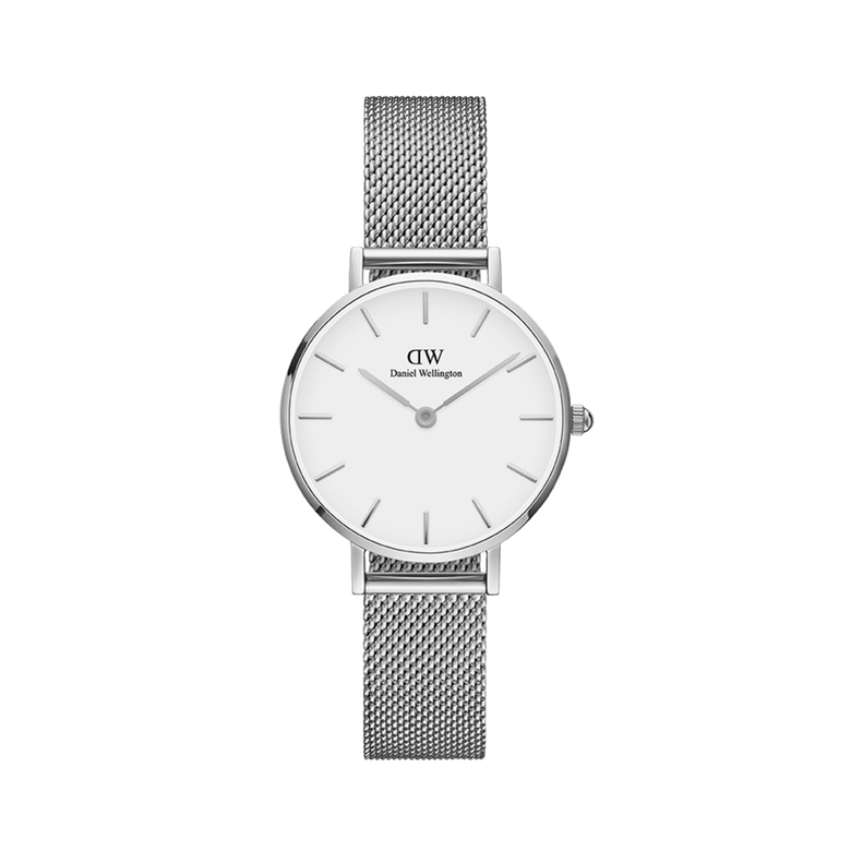 Petite Sterling Silver women's watch with a small round white dial and a fine stainless steel mesh strap, designed for a minimalist and elegant look.