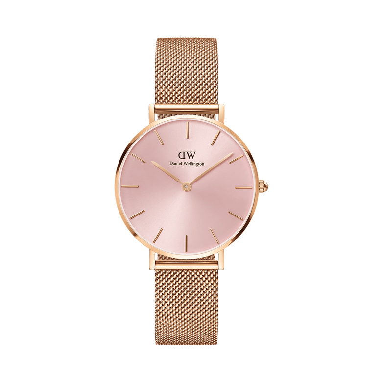 Rose gold Daniel Wellington Petite Melrose Light Pink watch with a soft pink dial, minimalist markers, and a fine mesh strap, designed for a comfortable fit and elegant everyday style.