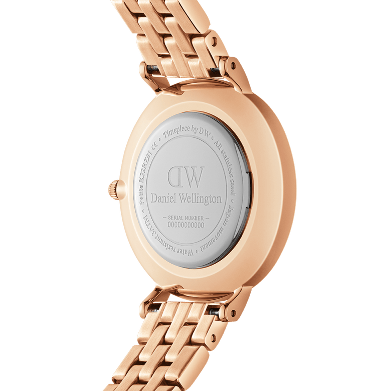Back view of the Petite Lumine 5 Link Melrose Pink MoP Rose Gold watch, showing the engraved stainless steel case and rose gold five-link bracelet.