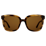Oversized square sunglasses with a brown demi patterned bio-acetate frame and amber coloured lenses, designed for women seeking UV400 protection and stylish everyday wear.