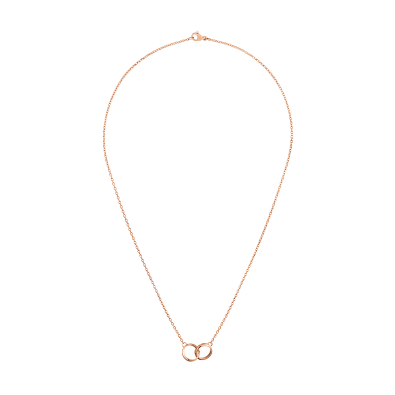 Elan Unity Necklace Rose Gold featuring a fine rose gold chain with two interlocking rings as a fixed pendant, designed for a minimalist and elegant look.