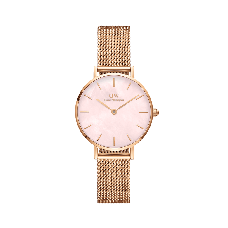 Petite Melrose Pearl ladies watch featuring a rose gold mesh strap and a pink mother of pearl dial, designed for a comfortable fit and elegant everyday style.