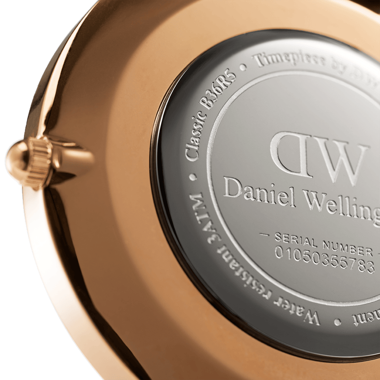 Back view of the Classic Southampton watch showing the engraved stainless steel caseback with water resistance details, serial number, and rose gold finish.