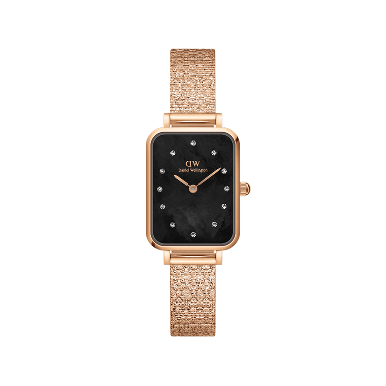 Quadro Lumine Pressed Piano Black MoP Rose Gold ladies watch featuring a rectangular rose gold case, black mother of pearl dial with crystal markers, and a textured piano link bracelet.
