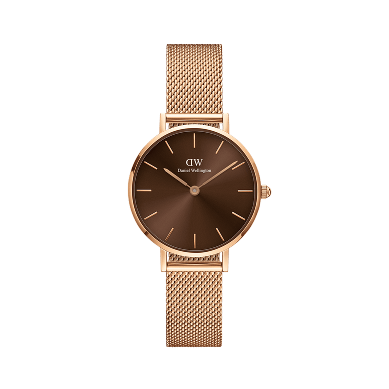 Petite Amber Rose Gold ladies watch featuring a sunray amber brown dial, slim rose gold mesh strap, and minimalist hour markers, designed for a refined and versatile everyday look.