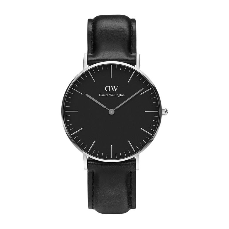 Classic Sheffield Black Silver watch with a minimalist black dial, polished silver case, and genuine black leather strap, featuring slim hour markers and a sleek round design suitable for both men and women.