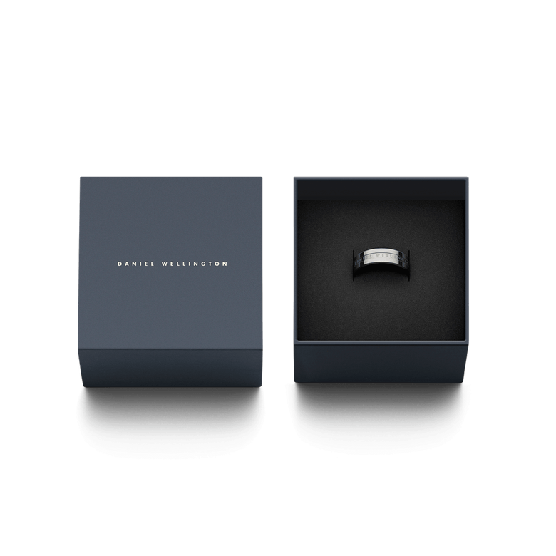 Elan Ring Silver presented in a designer Daniel Wellington box, highlighting its polished stainless steel band and minimalist engraved detail, ideal for gifting or adding to a jewellery collection.