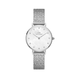 Petite Lumine Pressed Piano White MoP Silver ladies watch with a 28mm stainless steel case, white mother of pearl dial, crystal markers, and a shimmering pressed Studio Strap in silver.