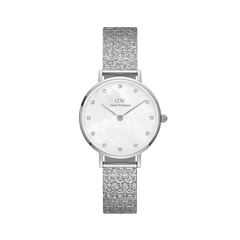Petite Lumine Pressed Piano White MoP Silver ladies watch with a 28mm stainless steel case, white mother of pearl dial, crystal markers, and a shimmering pressed Studio Strap in silver.
