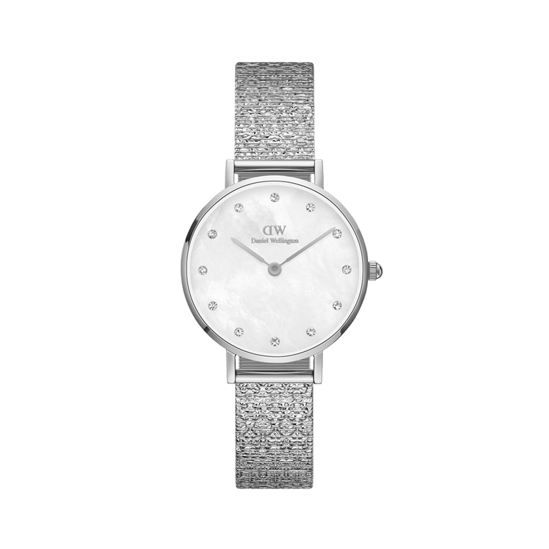 Petite Lumine Pressed Piano White MoP Silver ladies watch with a 28mm stainless steel case, white mother of pearl dial, crystal markers, and a shimmering pressed Studio Strap in silver.