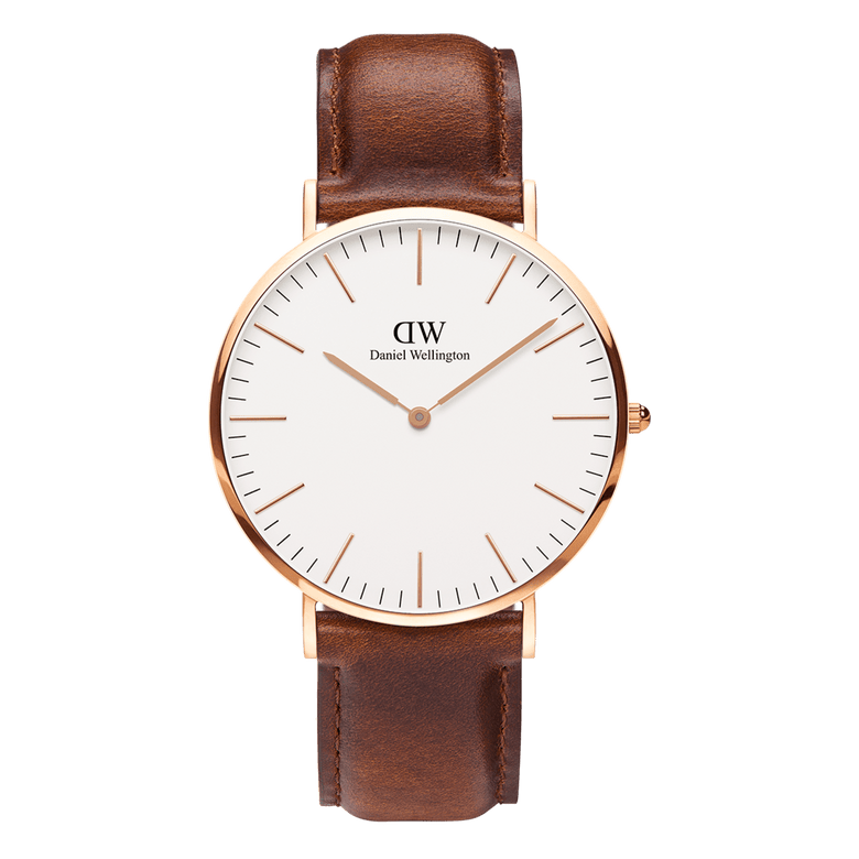 Classic St Mawes Rose Gold watch featuring a slim rose gold case, minimalist eggshell white dial, and a brown genuine leather strap, suitable for both men and women.