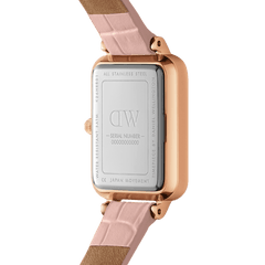 Back view of the Quadro Pressed Rouge ladies watch showing the stainless steel case, rose gold finish, and nude pink croc-pattern leather strap with engraved details.