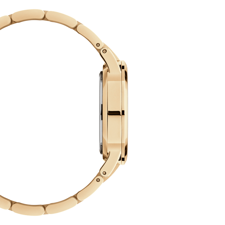 Side profile of the Iconic Link Gold watch, displaying the slim gold case and smooth, curved gold bracelet links for a comfortable and elegant fit.