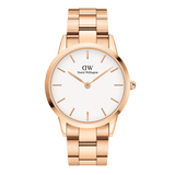 Iconic Link Rose Gold watch with a brushed rose gold stainless steel bracelet, minimalist eggshell white dial, and slim hour markers, designed for both men and women.