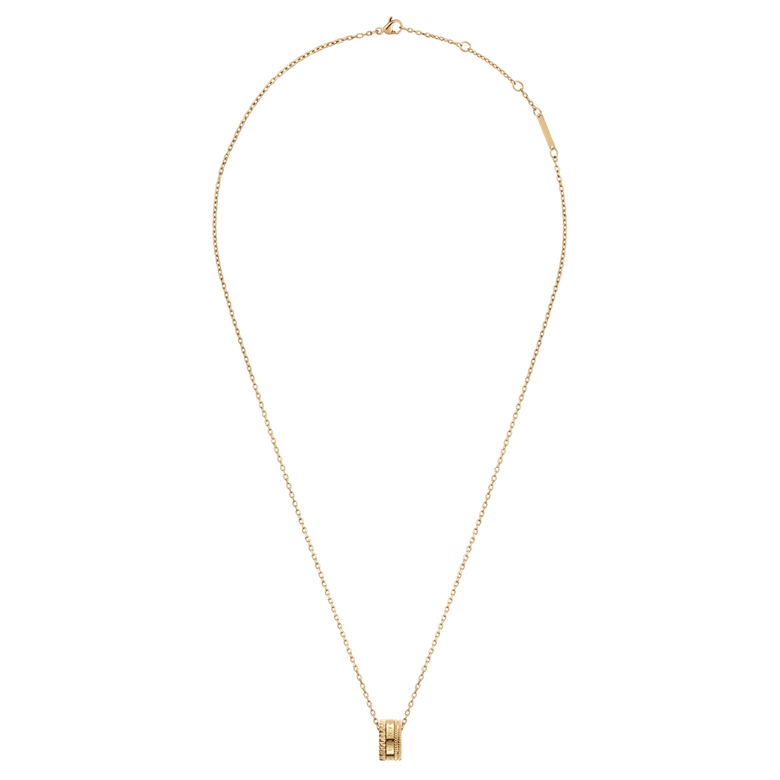 Elevation Necklace Gold with an adjustable fine chain and a geometric ring pendant, featuring textured and polished gold details for a minimalist and versatile jewellery style.
