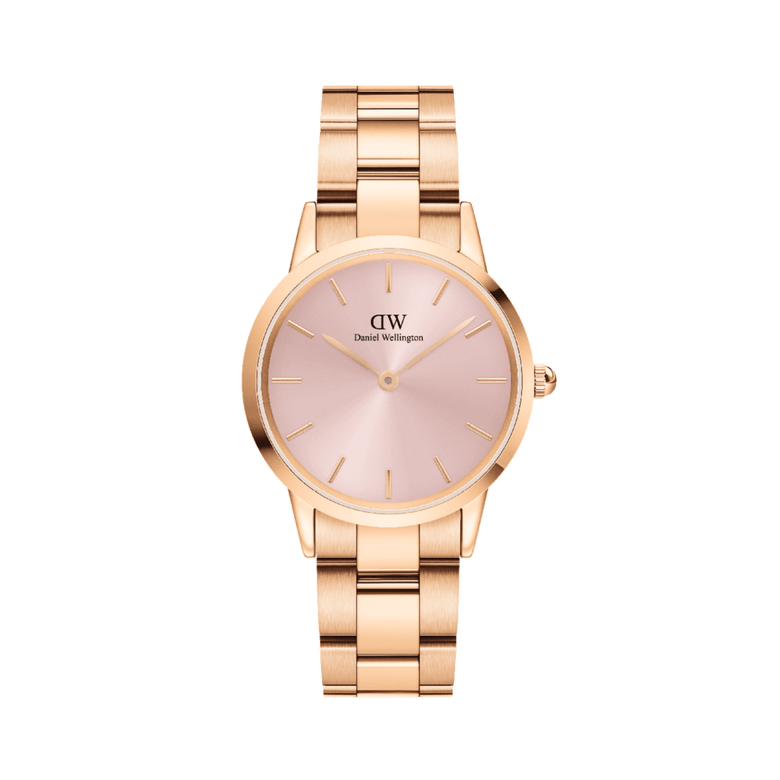 Ladies rose gold wristwatch with a soft pink sunray dial and minimalist hour markers, featuring a polished adjustable link bracelet suitable for everyday wear.