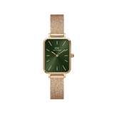 Quadro Pressed Melrose Emerald ladies watch featuring a rectangular emerald green dial, rose gold mesh bracelet, minimalist gold hour markers, and slim case design.