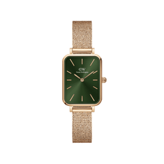 Quadro Pressed Melrose Emerald ladies watch featuring a rectangular emerald green dial, rose gold mesh bracelet, minimalist gold hour markers, and slim case design.