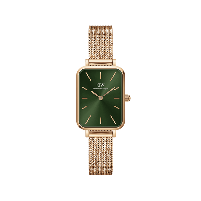 Quadro Pressed Melrose Emerald ladies watch featuring a rectangular emerald green dial, rose gold mesh bracelet, minimalist gold hour markers, and slim case design.