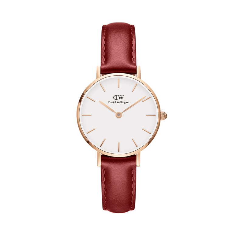 Petite Suffolk Rose Gold ladies watch with a white minimalist dial, rose gold case, and rustic red genuine leather strap, designed for a refined and versatile everyday look.