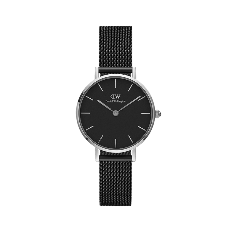 Petite Ashfield Silver showcases a minimalist black dial with slim silver hands and hour markers, paired with an adjustable black stainless steel mesh strap for a sophisticated and comfortable fit.