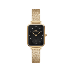Quadro Lumine Pressed Piano Black MoP Gold ladies watch featuring a rectangular gold case, textured gold piano link bracelet, and a black mother of pearl dial with crystal hour markers.