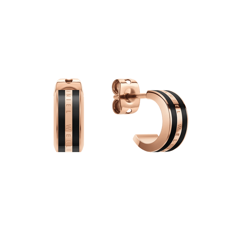 Pair of Emalie Earrings Rose Gold Black featuring a minimalist huggie design with rose gold stainless steel and bold black enamel detailing, shown with stud closures for secure and comfortable wear.