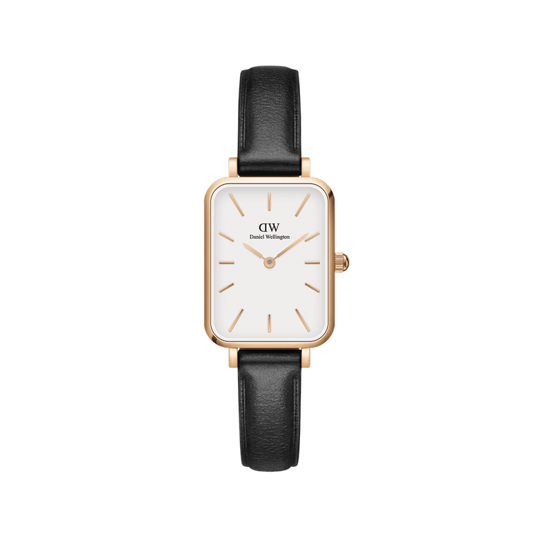 Quadro Pressed Sheffield Rose Gold watch featuring a rectangular white dial, rose gold accents, and a slim black leather strap, designed for women seeking a minimalist and elegant accessory.