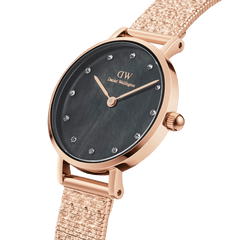 Petite Lumine Pressed Piano Black MoP Rose Gold ladies watch with a unique black mother of pearl dial, crystal markers, and a textured rose gold pressed piano link strap, ideal for everyday elegance and formal occasions.