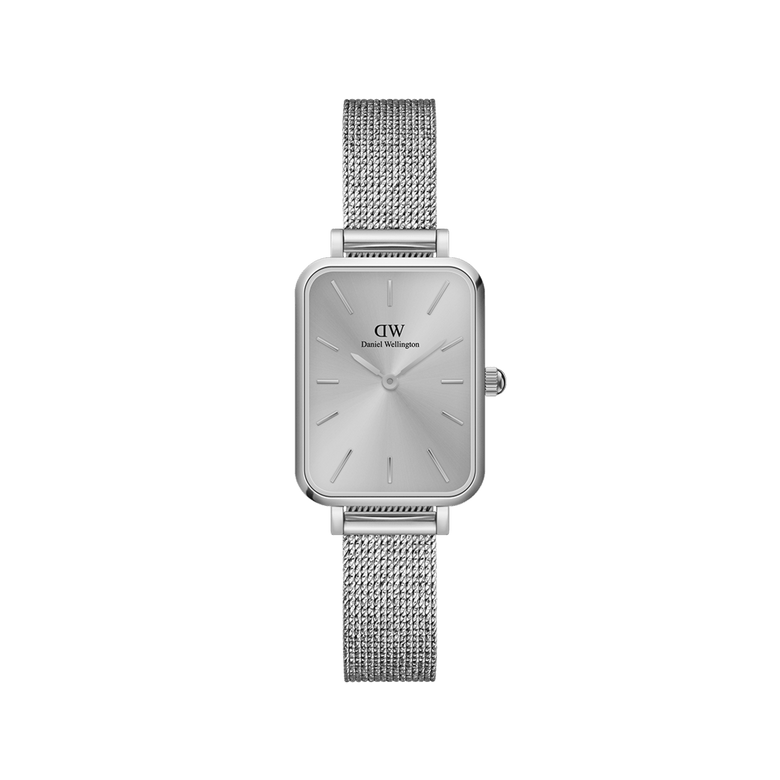 Quadro Pressed Unitone Silver ladies watch featuring a rectangular brushed silver dial and a slim, seamless silver mesh strap, designed for everyday comfort and minimalist style.