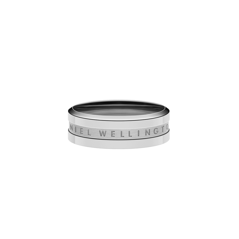 Elan Ring Silver shown from a side angle, highlighting its minimalist band shape, polished stainless steel finish, and subtle engraved Daniel Wellington logo.