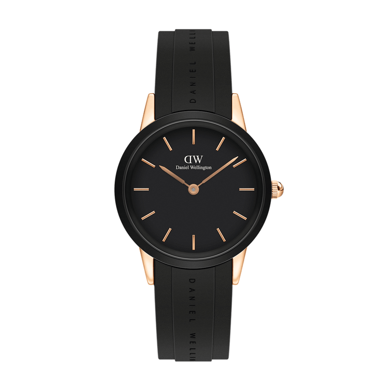 Daniel Wellington Iconic Motion Rose Gold watch with a minimalist black dial, rose gold markers and hands, rose gold stainless steel case, and a black FKM rubber strap, designed for everyday versatility.