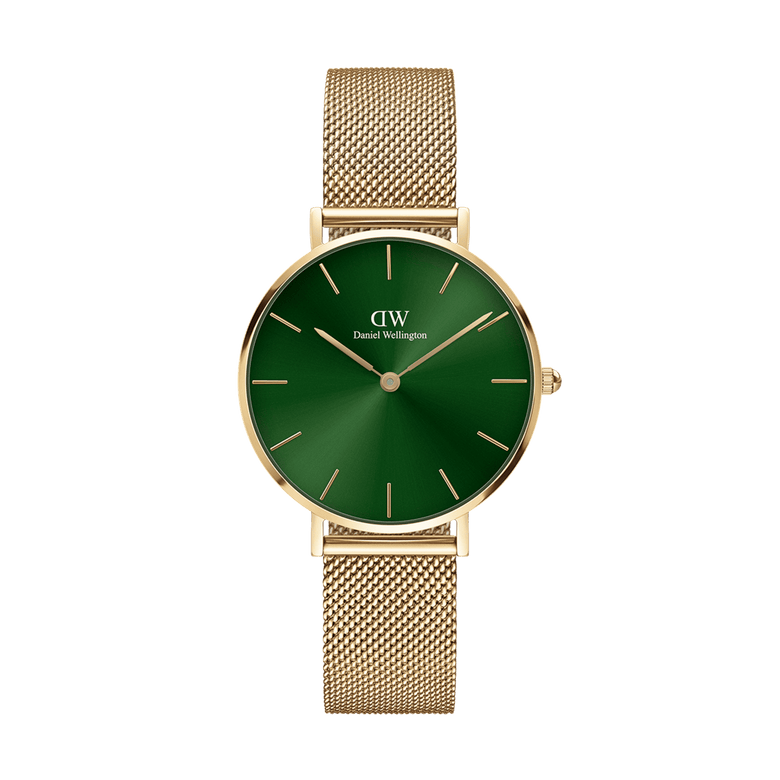 Petite Emerald gold watch for women featuring a polished gold mesh strap and a striking emerald green sunray dial, designed with minimalist gold hour markers for a modern, elegant look.