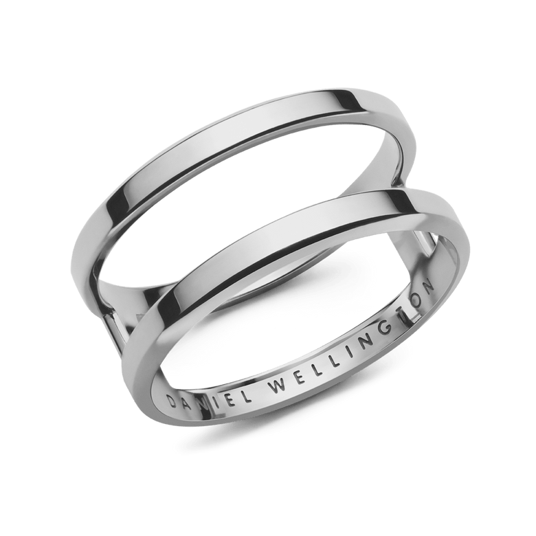 Polished silver Elan Dual Ring Silver featuring a modern double-band design, crafted from stainless steel with the Daniel Wellington logo engraved on the inside.