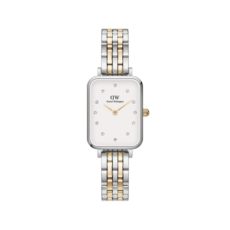 Quadro Lumine 5-link two-tone ladies watch with a rectangular eggshell white dial, crystal hour markers, and a silver and gold stainless steel bracelet.