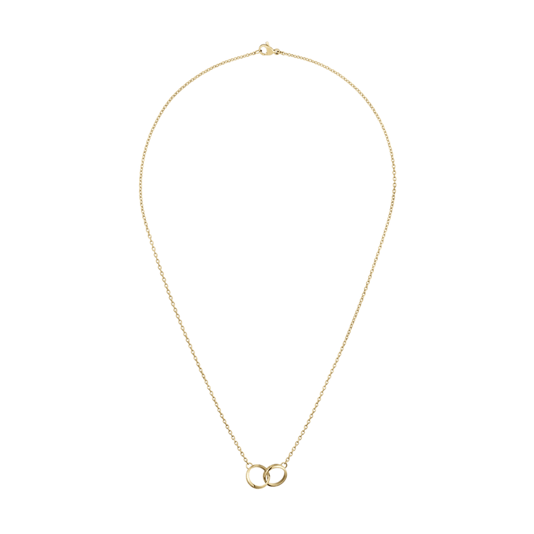 Elan Unity Necklace Gold with two interlocked rings on a fine gold chain, featuring a minimalist pendant and a secure clasp for comfortable everyday wear.
