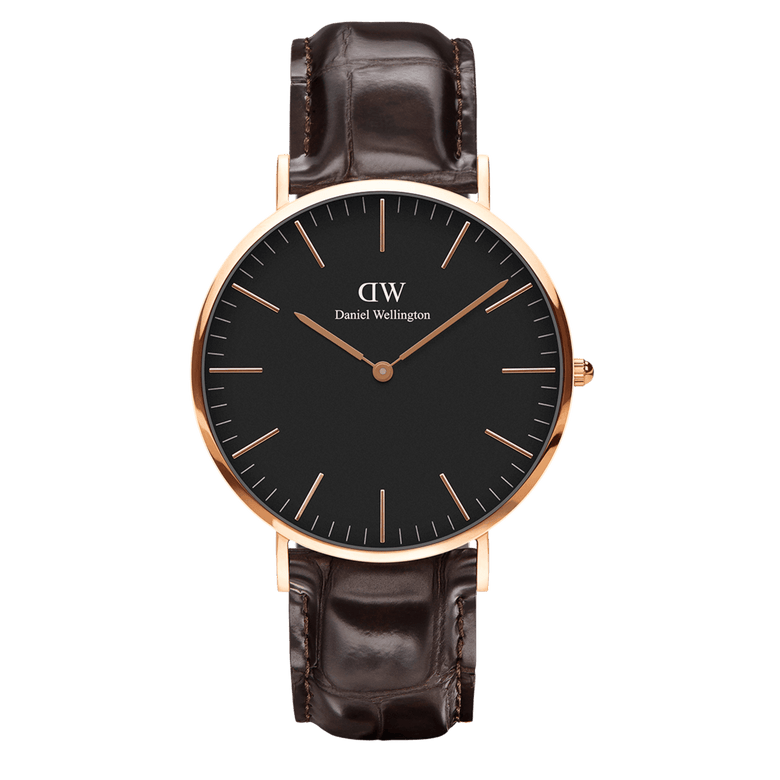Classic York Black Rose Gold men’s watch with a minimalist black dial, rose gold case and markers, and a dark brown croc-embossed genuine leather strap.