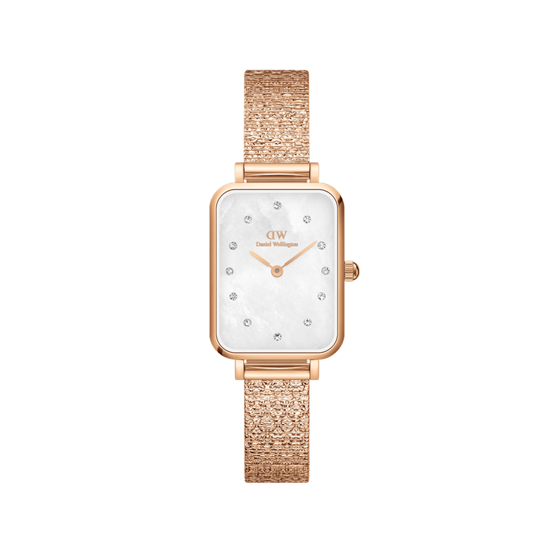 Quadro Lumine Pressed Piano White MoP Rose Gold ladies watch with a rectangular mother of pearl dial, crystal hour markers, and a textured rose gold piano link bracelet.