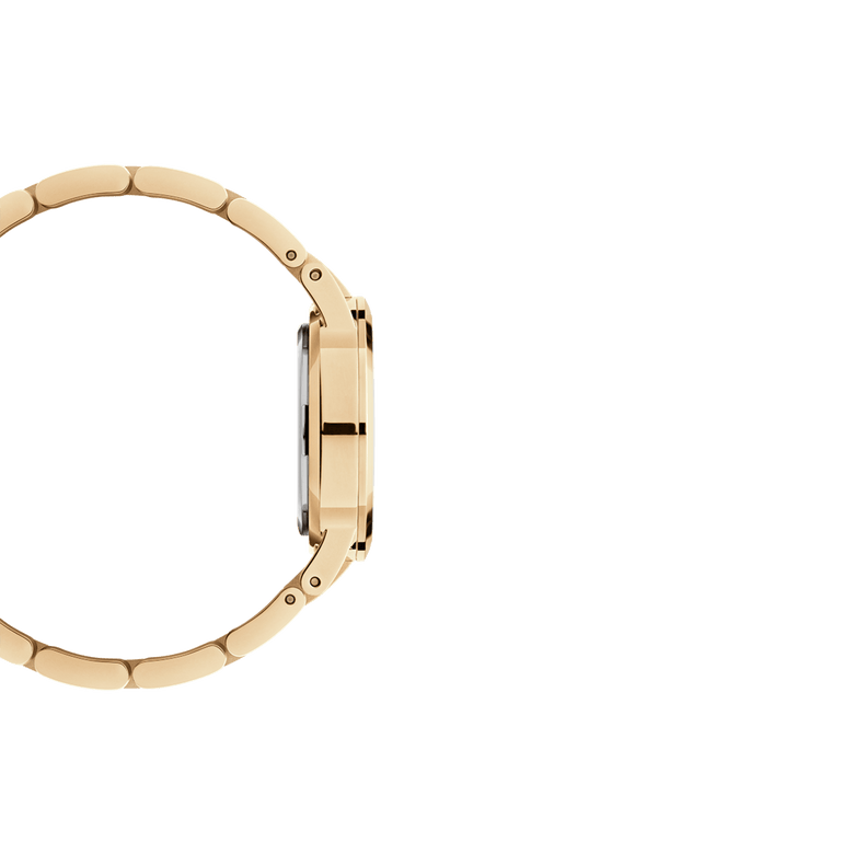 Side profile of the Daniel Wellington Iconic Link Unitone G gold watch, highlighting its slim 28mm case and polished gold stainless steel bracelet.